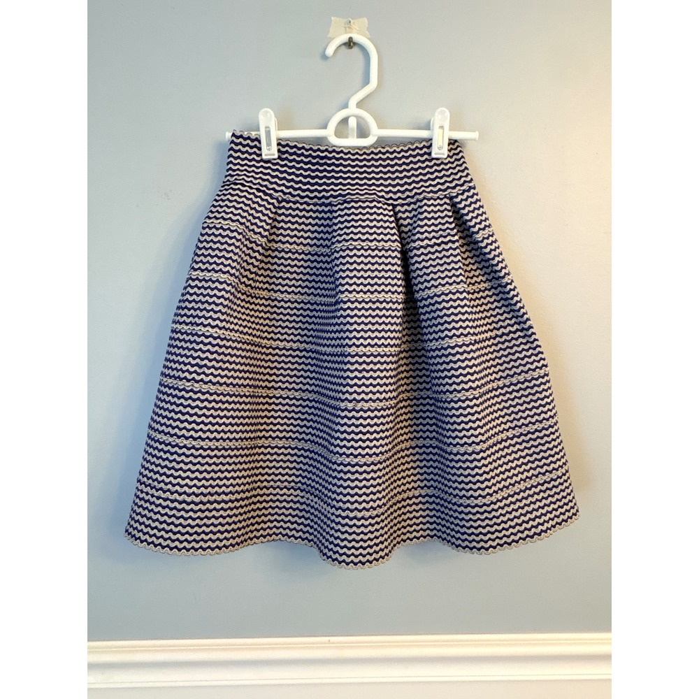 Alythea Blue White Chevron ZigZag Pleated Flare Skirt Preppy Mod Nautical Small